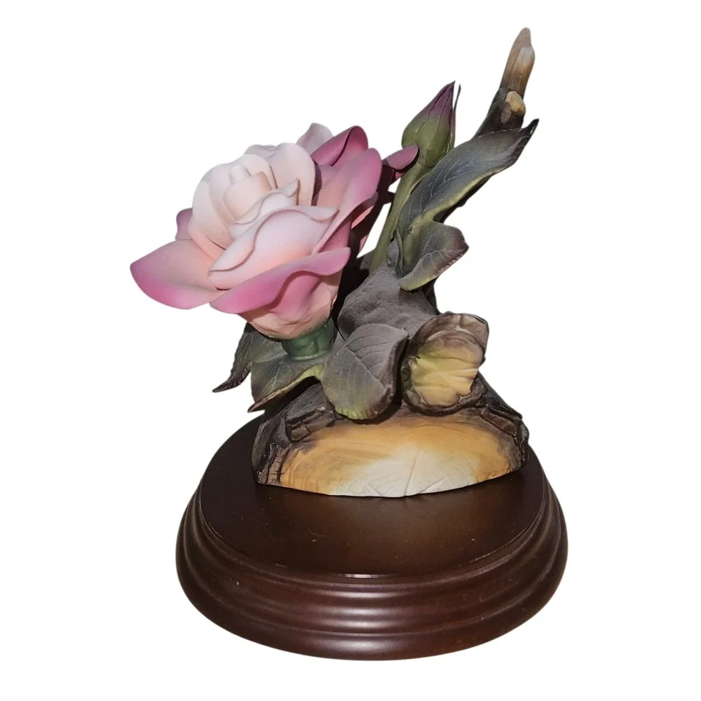 Farling & Reiss Vintage Pink Porcelain Roses Musical Figurine w/Wood Base 26903‎